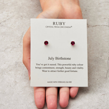 Sterling Silver July (Ruby) Birthstone Earrings Created with Zircondia® Crystals