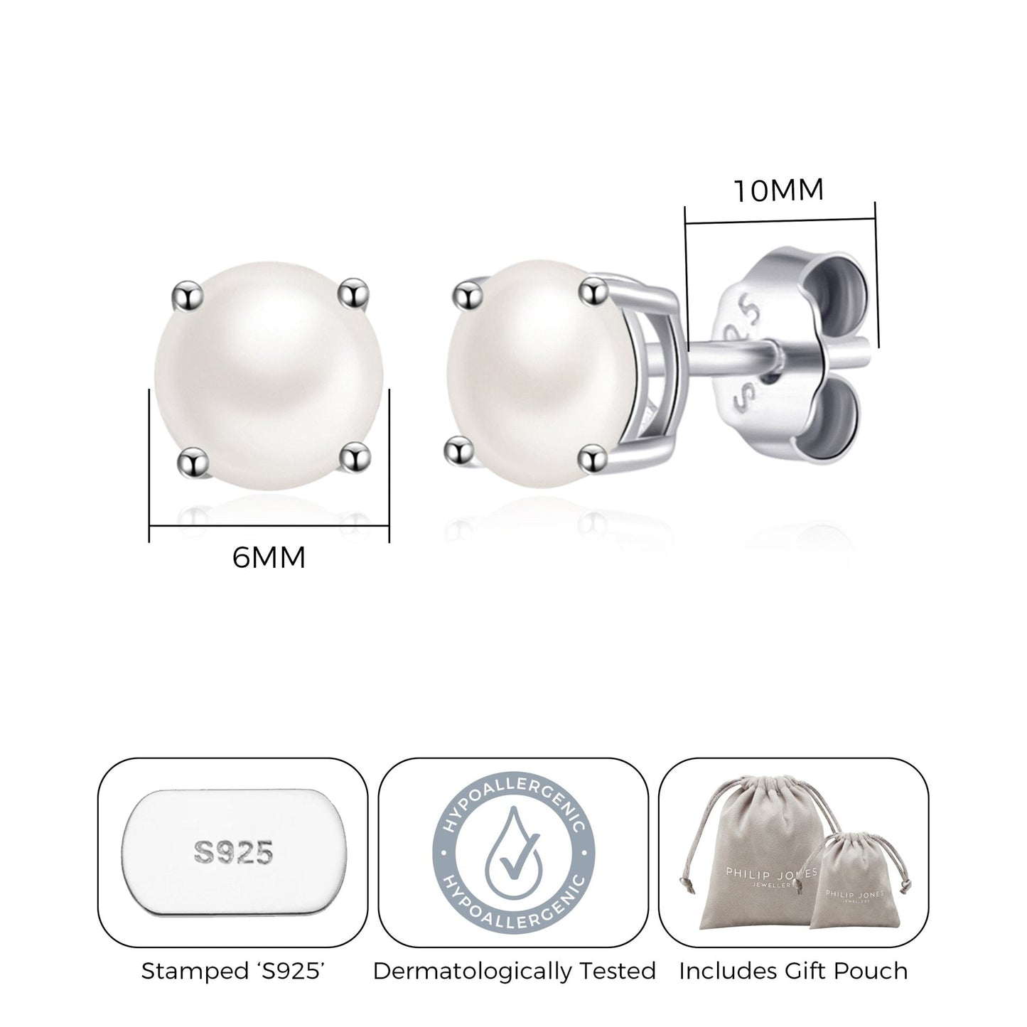 Sterling Silver June (Pearl) Birthstone Earrings Created with Gemstones from Zircondia®