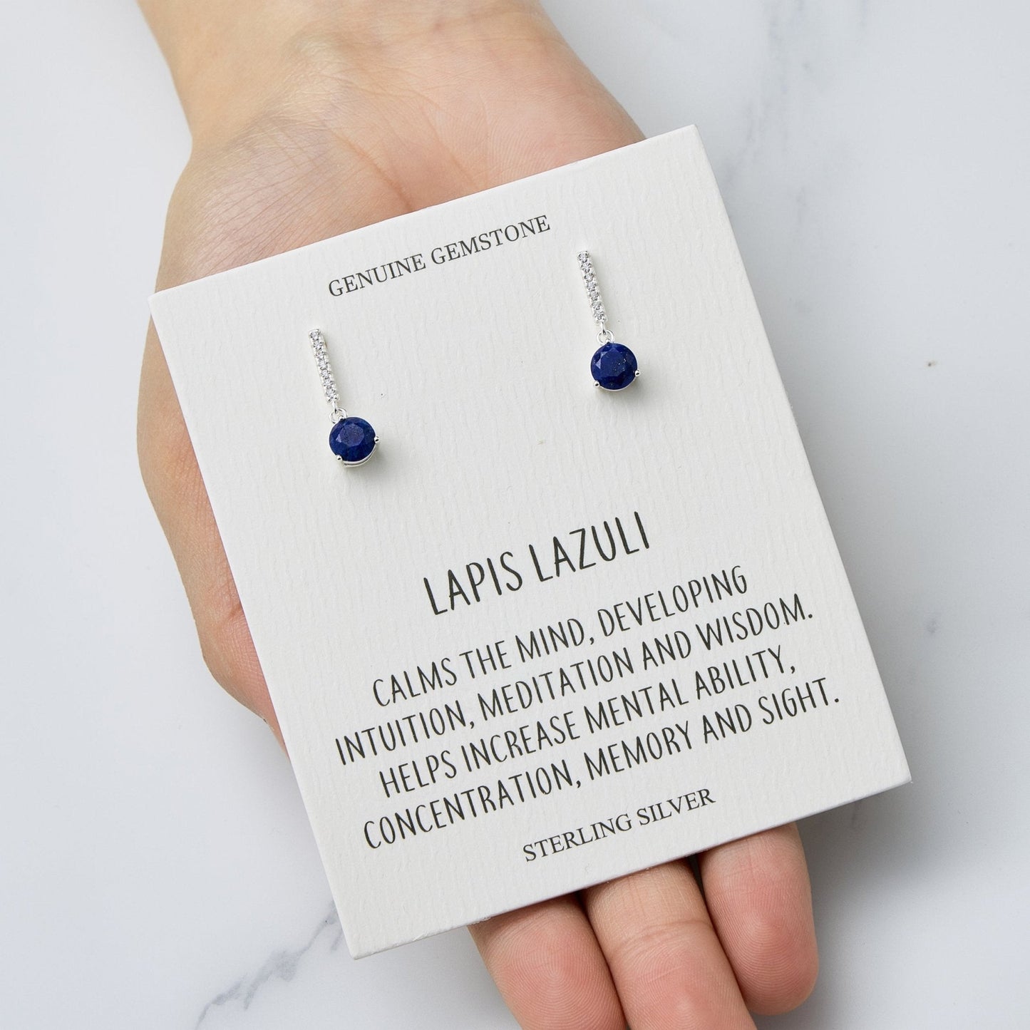 Sterling Silver Lapis Gemstone Drop Earrings with Quote Card