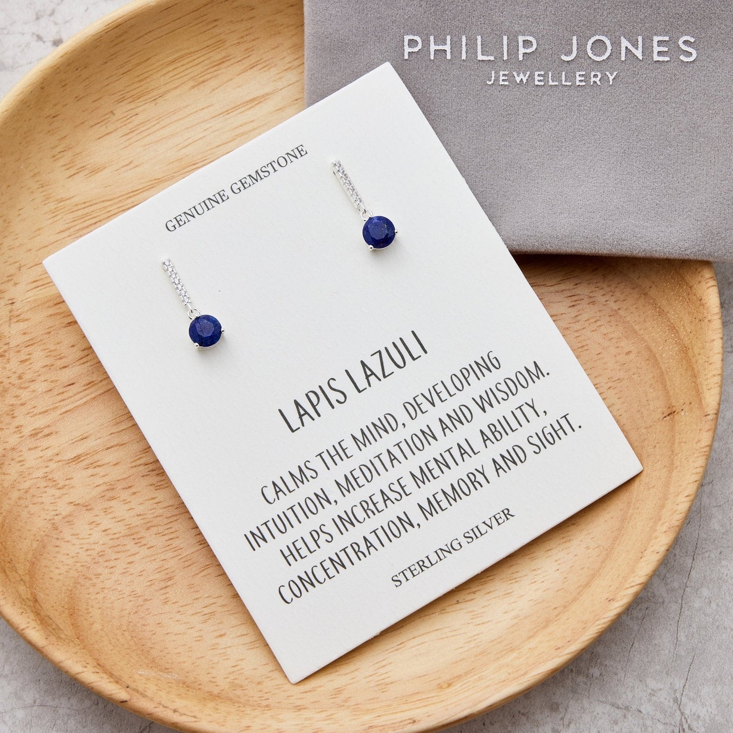 Sterling Silver Lapis Gemstone Drop Earrings with Quote Card