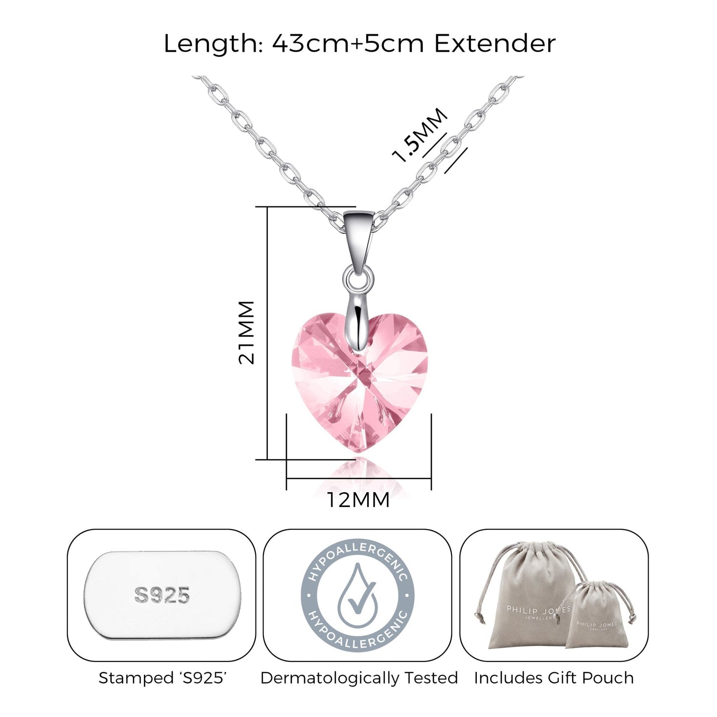 Sterling Silver Light Rose Heart Necklace Created with Zircondia® Crystals