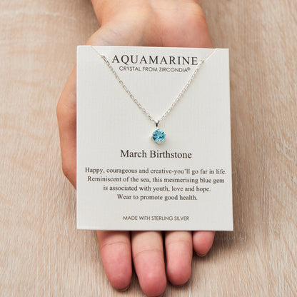 Collier en argent sterling avec pierre de naissance de mars (aigue-marine) orné de cristaux Zircondia®
