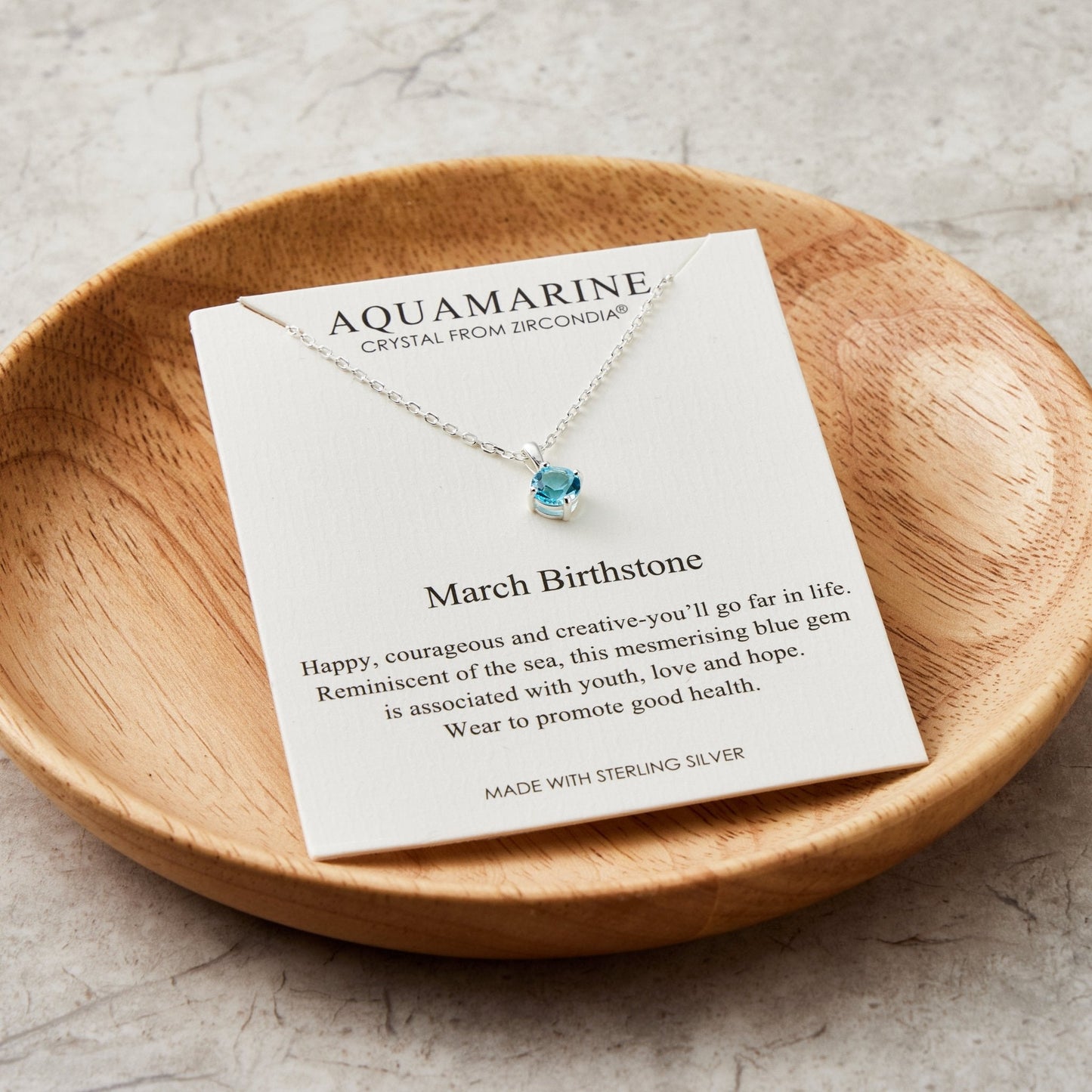 Collier en argent sterling avec pierre de naissance de mars (aigue-marine) orné de cristaux Zircondia®