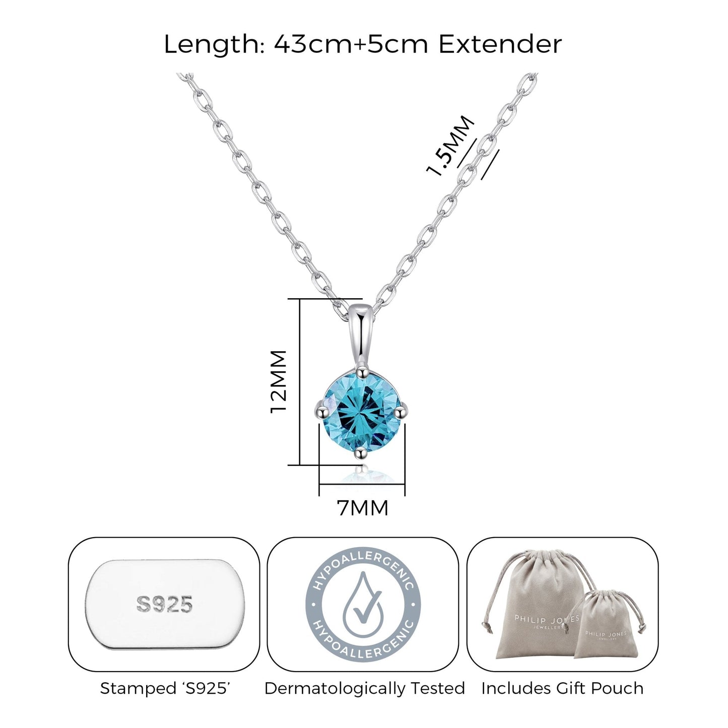 Collier en argent sterling avec pierre de naissance de mars (aigue-marine) orné de cristaux Zircondia®