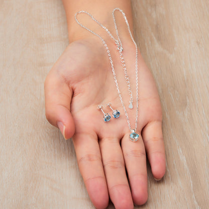 Sterling Silver March (Aquamarine) Birthstone Necklace & Earrings Set Created with Zircondia® Crystals