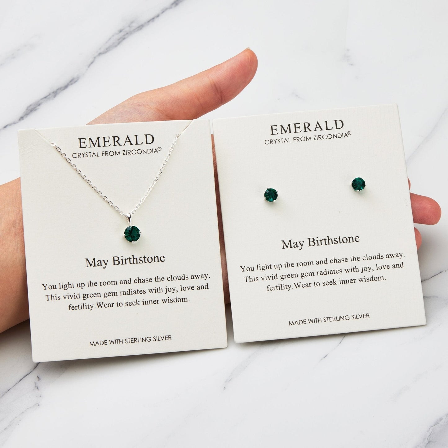 Sterling Silver May (Emerald) Birthstone Necklace & Earrings Set Created with Zircondia® Crystals