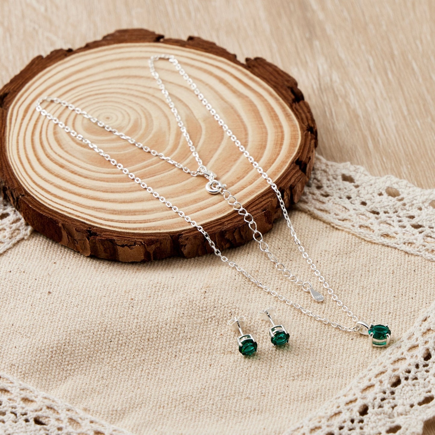 Sterling Silver May (Emerald) Birthstone Necklace & Earrings Set Created with Zircondia® Crystals