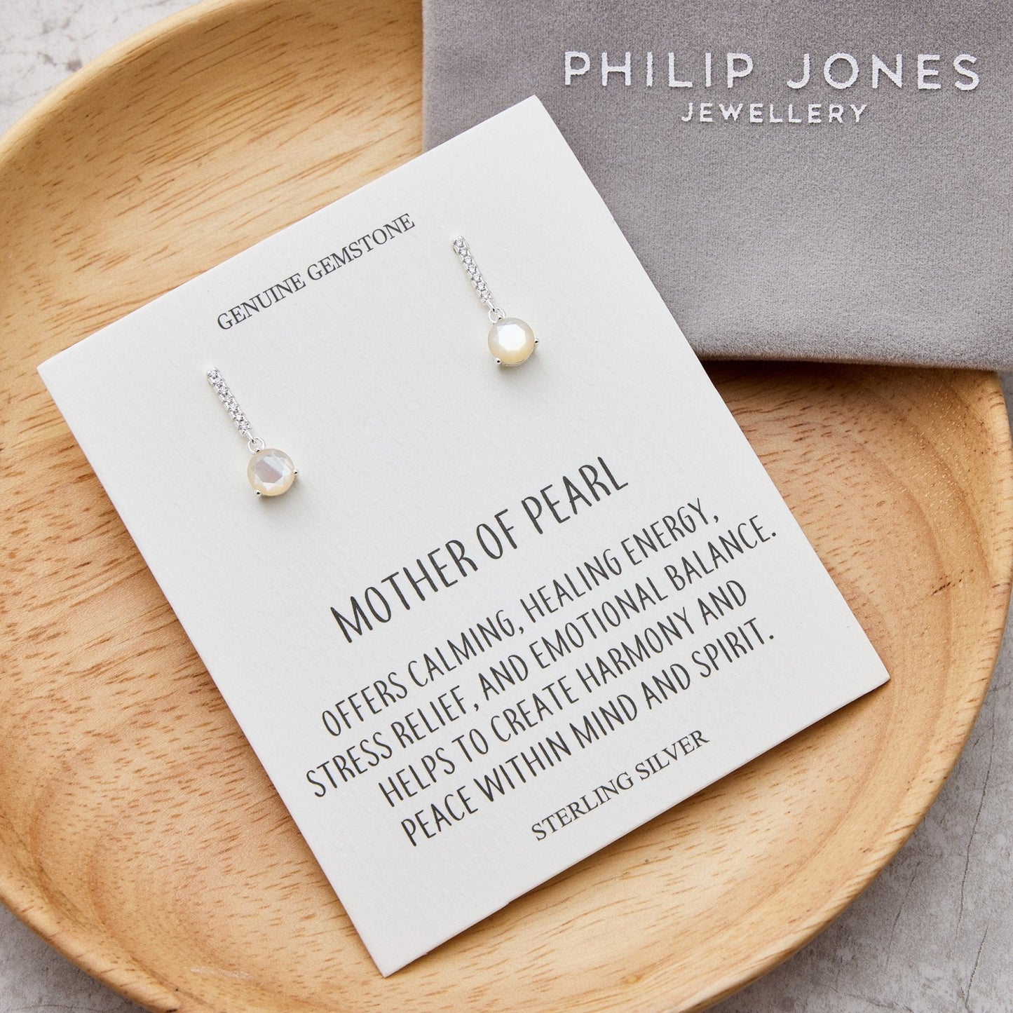 Sterling Silver Mother of Pearl Gemstone Drop Earrings with Quote Card