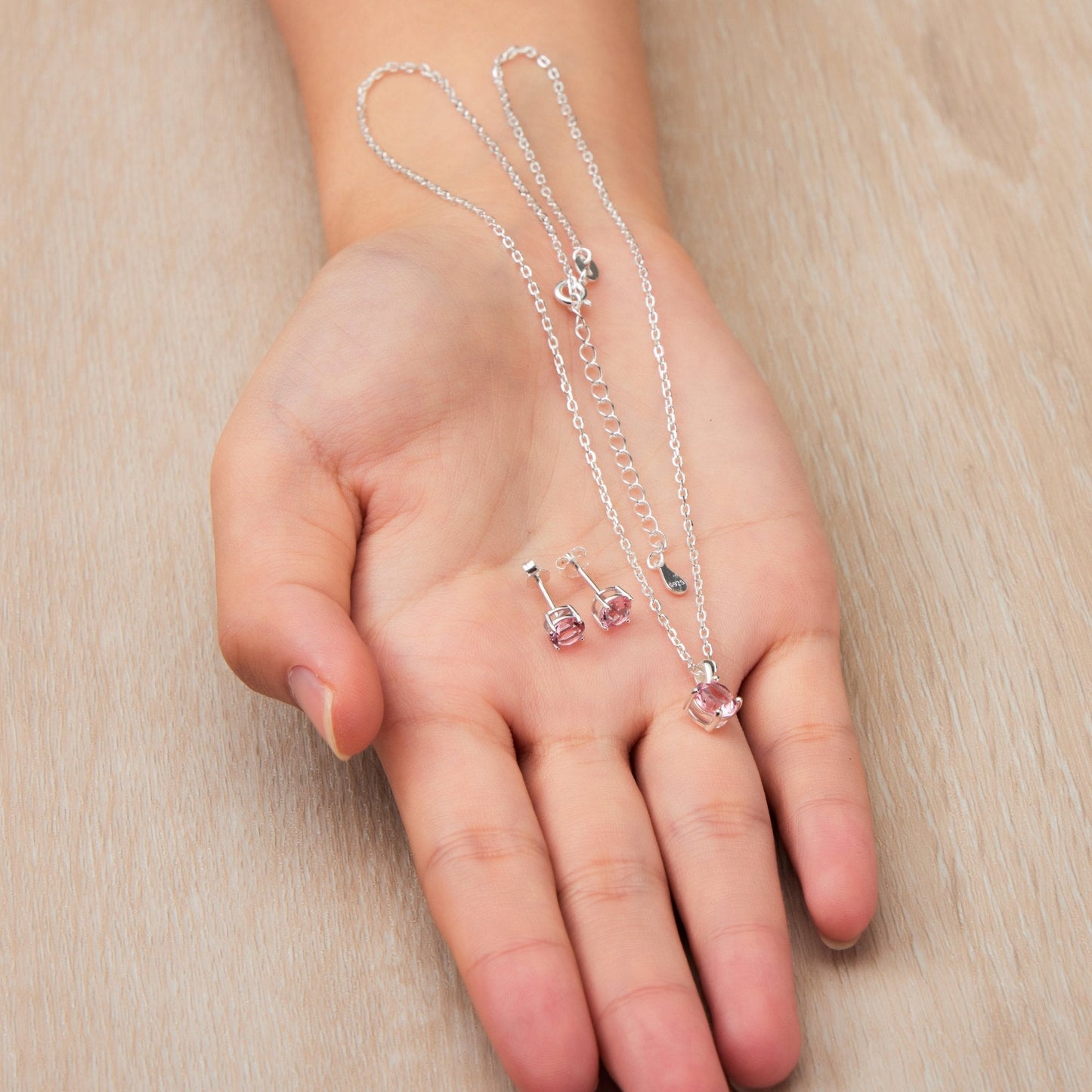 Sterling Silver October (Tourmaline) Birthstone Necklace & Earrings Set Created with Zircondia® Crystals