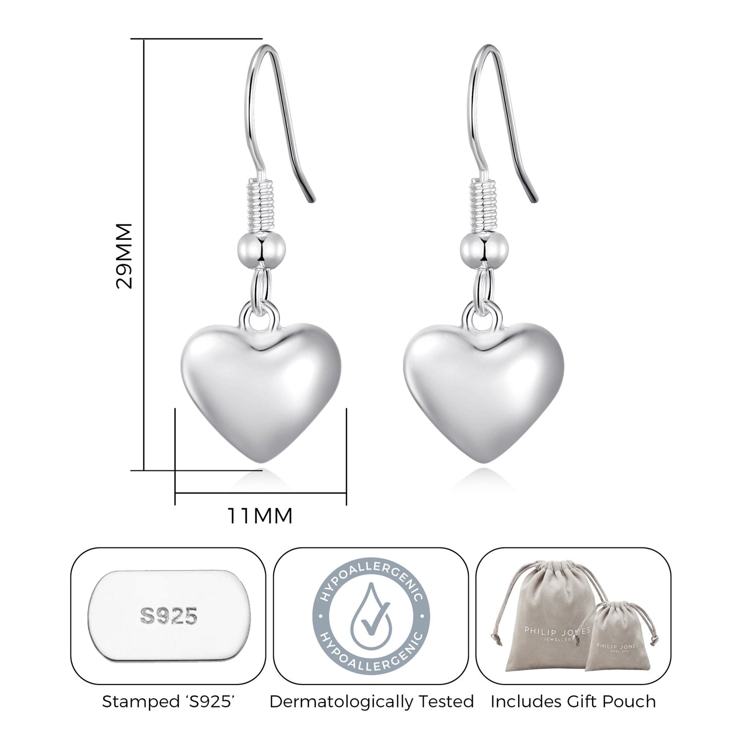 Sterling Silver Puffed Heart Drop Earrings