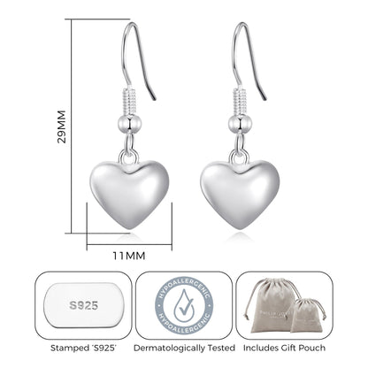 Sterling Silver Puffed Heart Drop Earrings