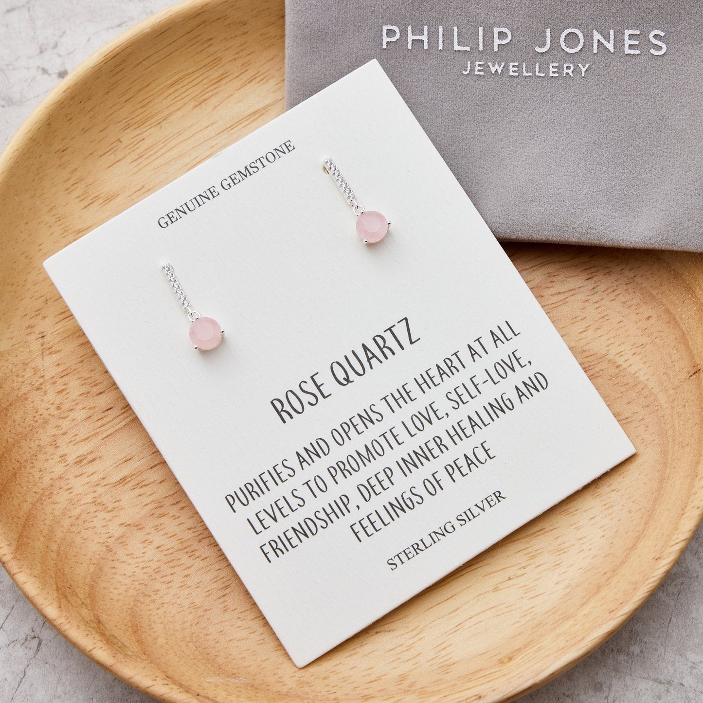 Sterling Silver Rose Quartz Gemstone Drop Earrings with Quote Card