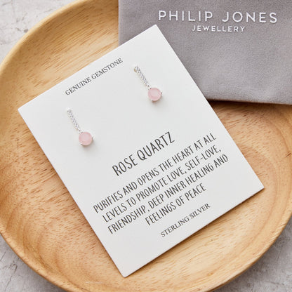 Sterling Silver Rose Quartz Gemstone Drop Earrings with Quote Card