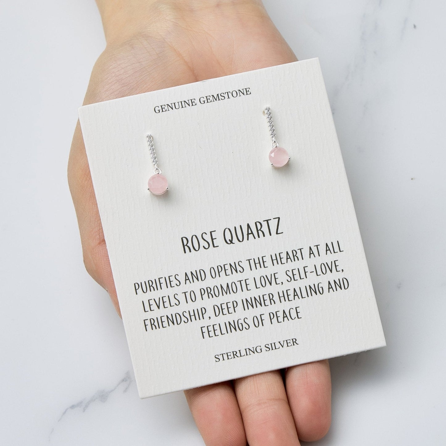 Sterling Silver Rose Quartz Gemstone Drop Earrings with Quote Card