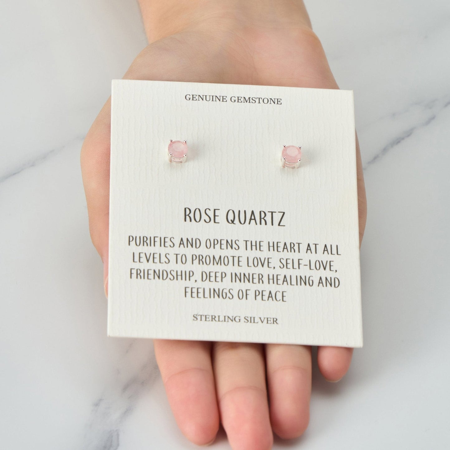 Sterling Silver Rose Quartz Gemstone Earrings with Quote Card