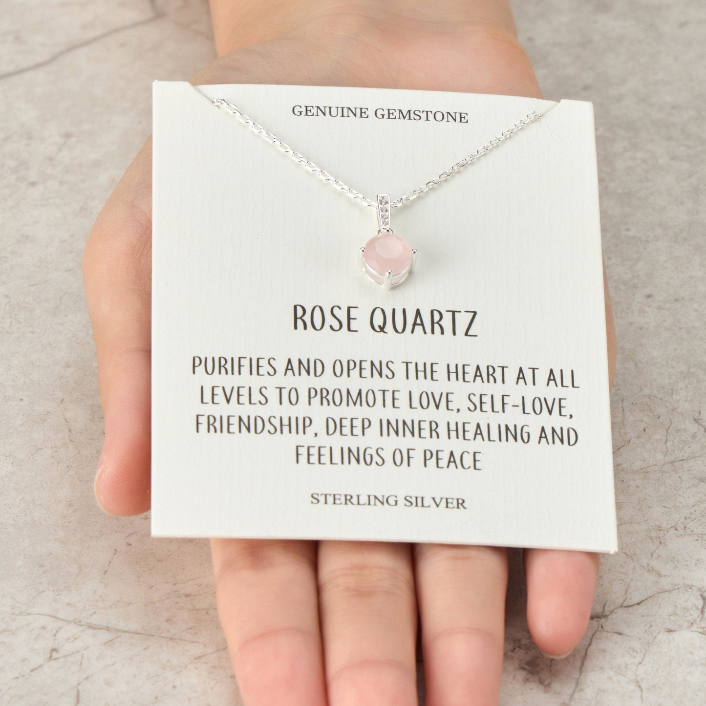 Sterling Silver Rose Quartz Gemstone Necklace with Quote Card