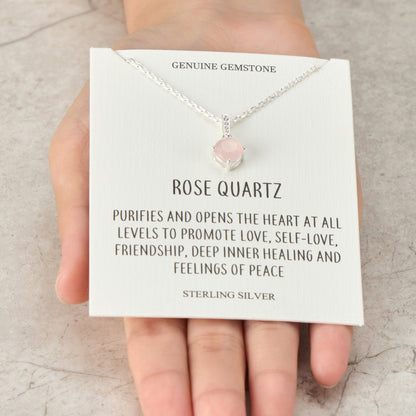 Sterling Silver Rose Quartz Gemstone Necklace with Quote Card