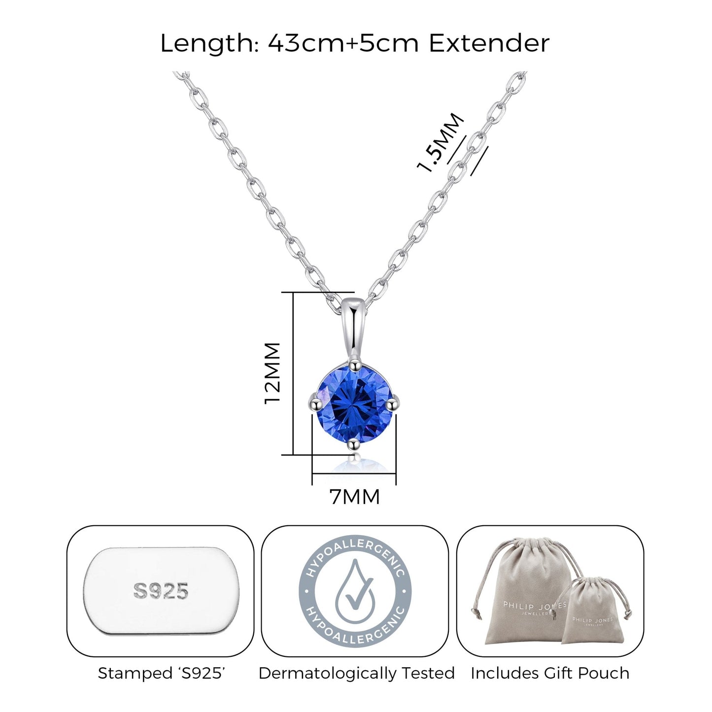 Collier en argent sterling avec pierre de naissance de septembre (saphir) créé avec des cristaux Zircondia®