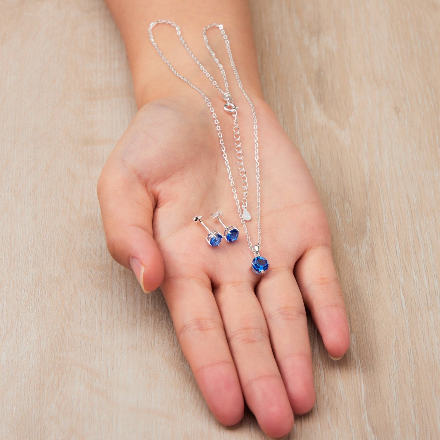 Sterling Silver September (Sapphire) Birthstone Necklace & Earrings Set Created with Zircondia® Crystals