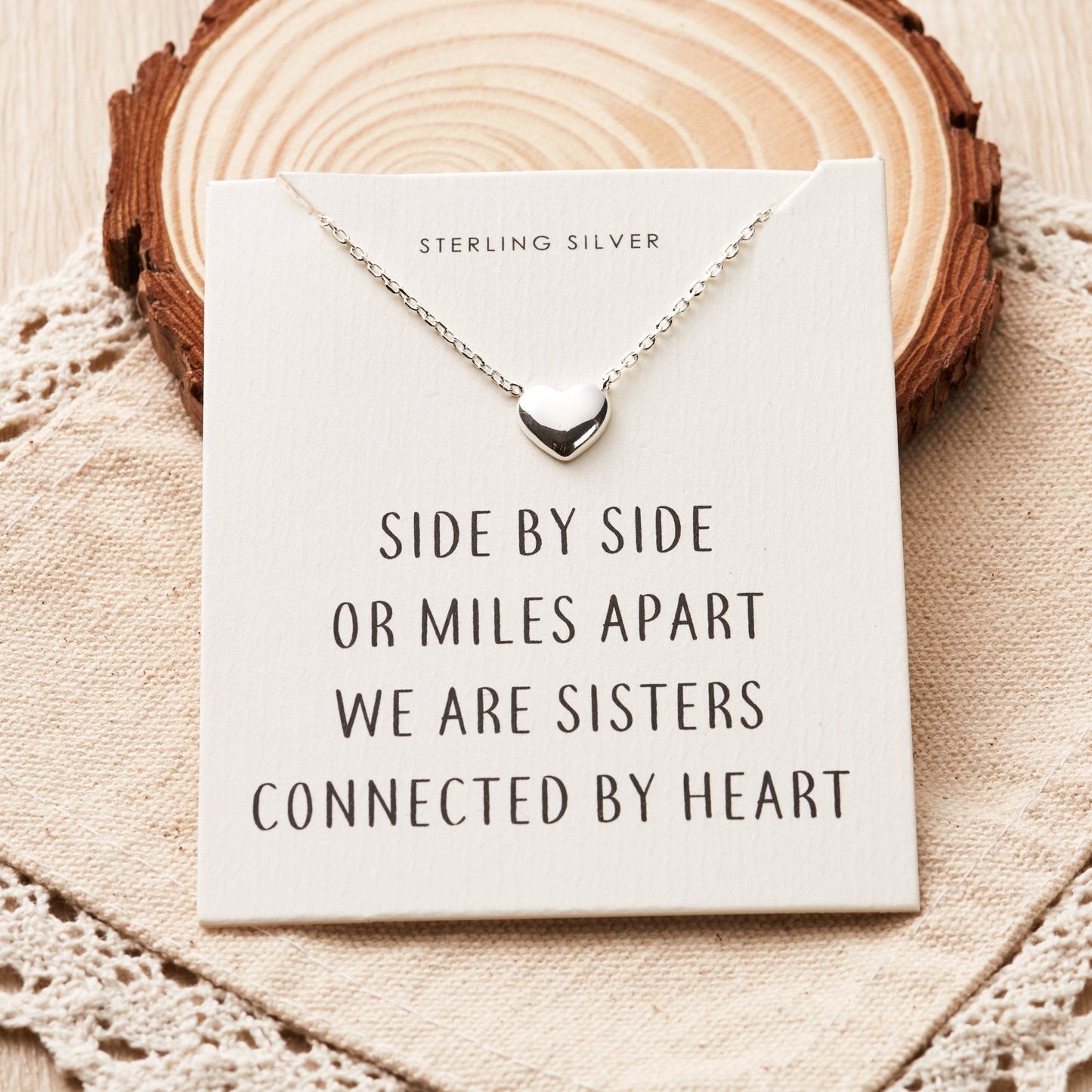 Sterling Silver Sister Heart Necklace with Quote Card