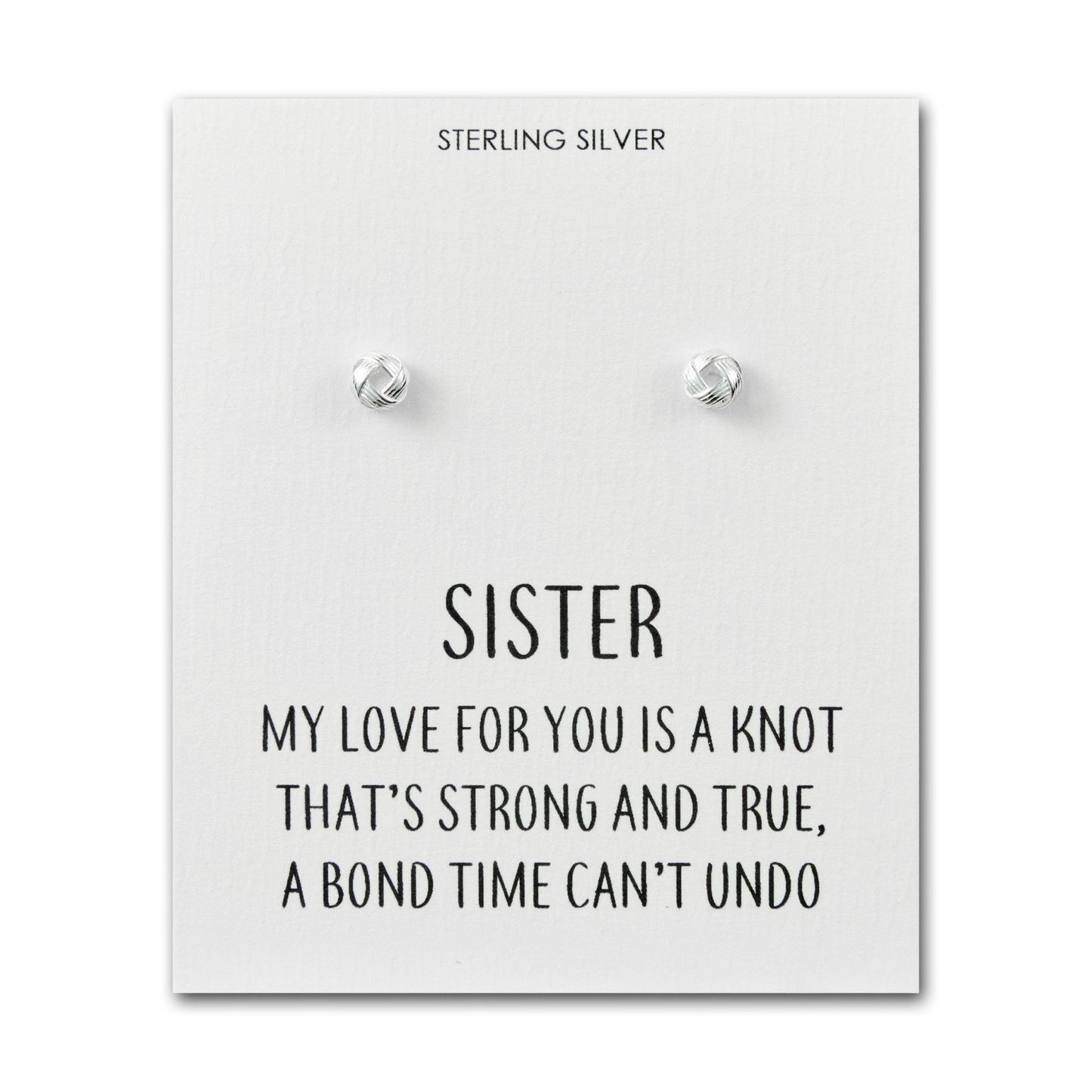 Sterling Silver Sister Quote Knot Earrings