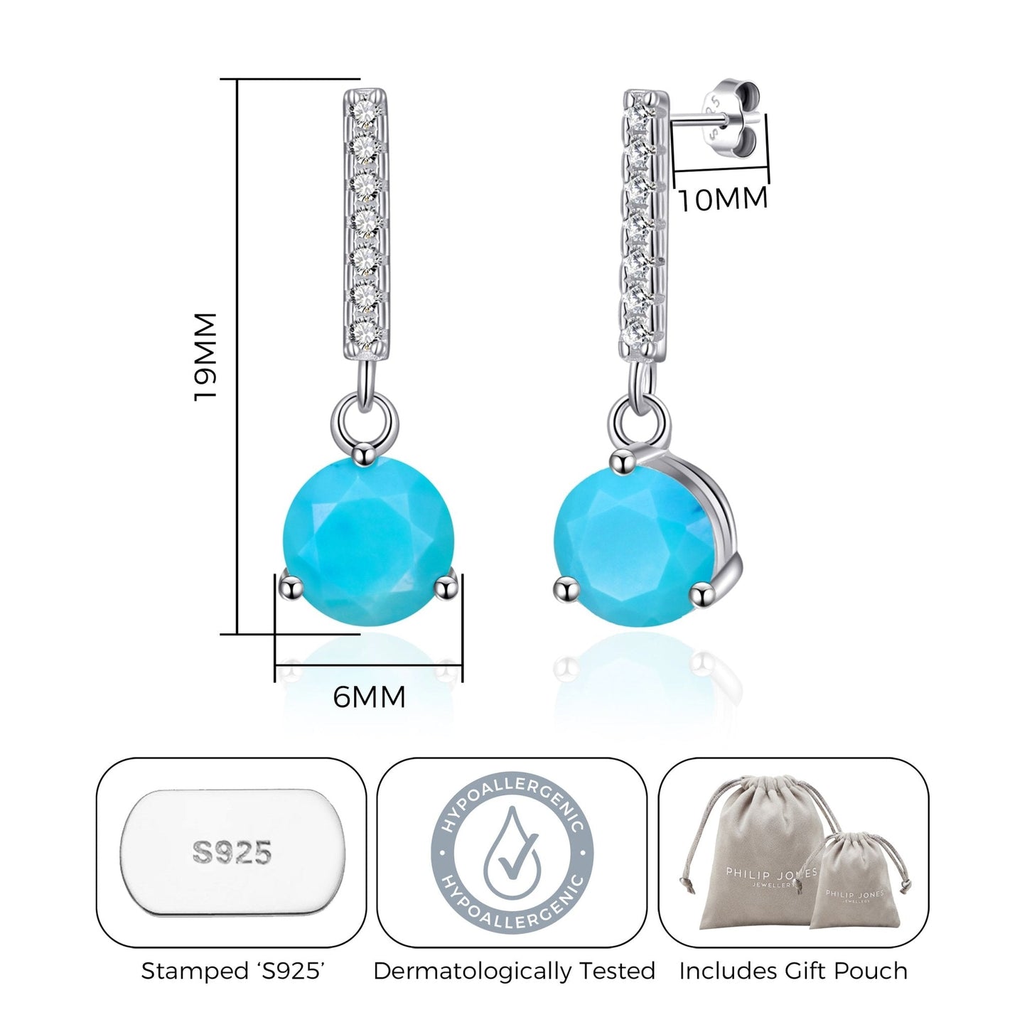 Sterling Silver Synthetic Turquoise Gemstone Drop Earrings with Quote Card