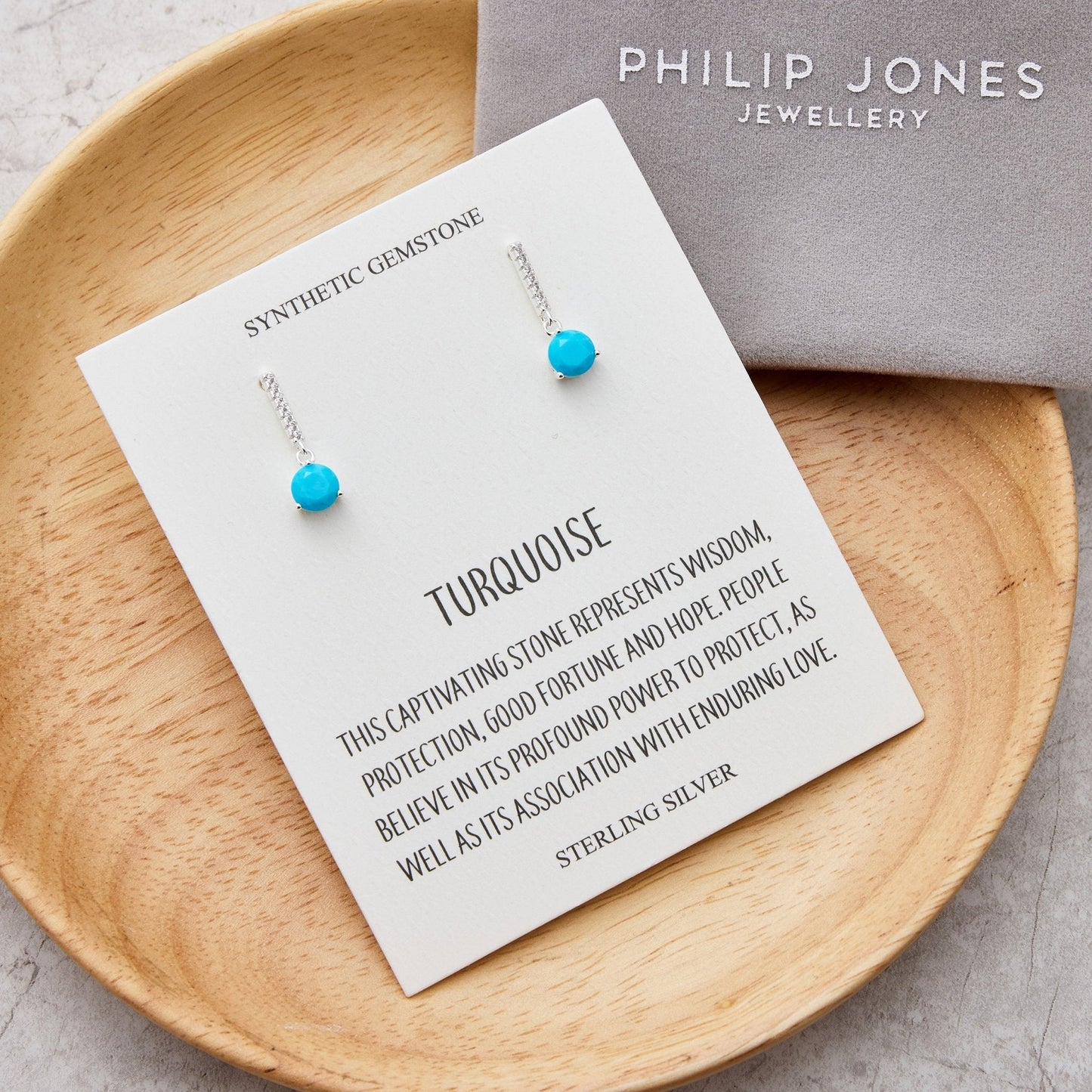 Sterling Silver Synthetic Turquoise Gemstone Drop Earrings with Quote Card