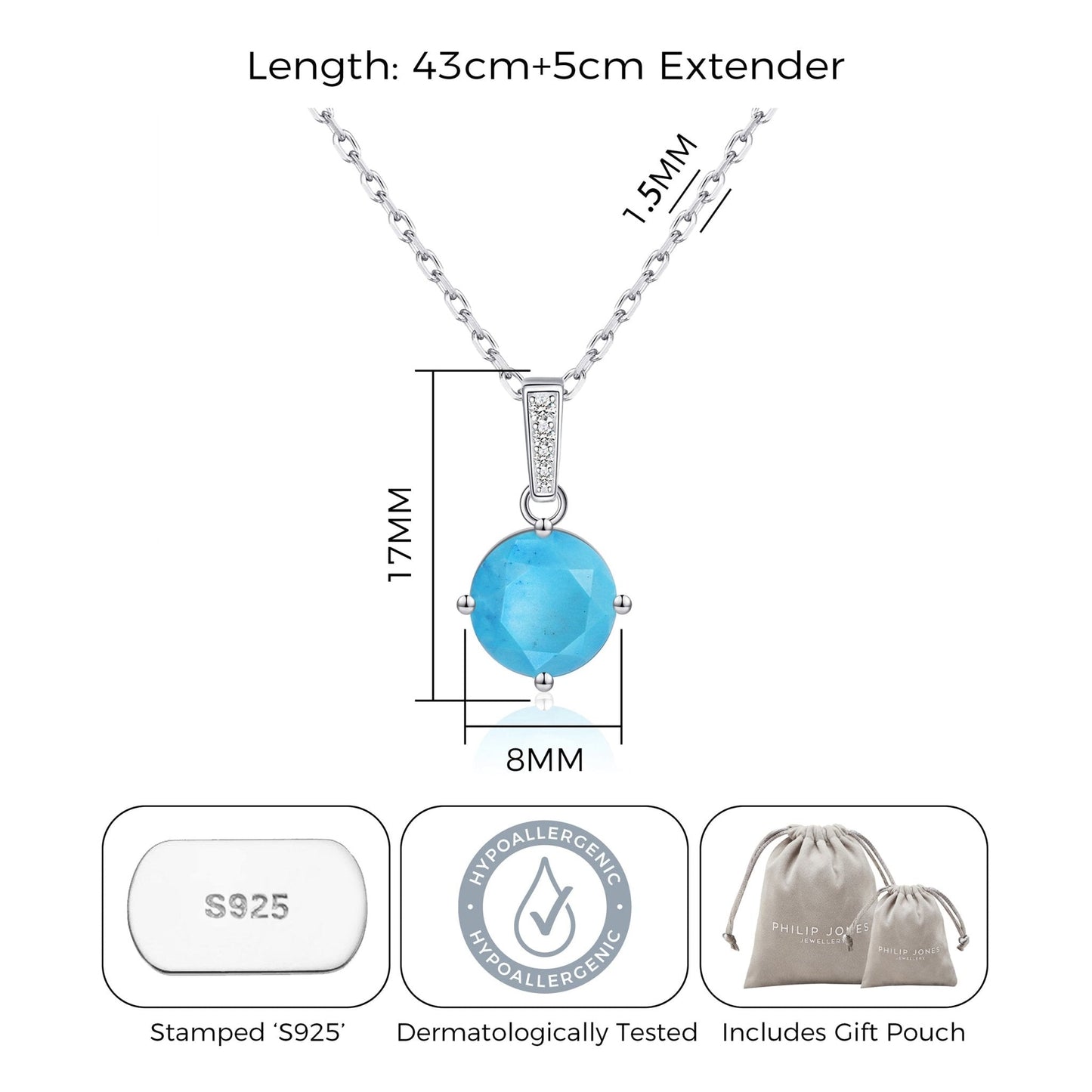 Collier en argent sterling avec pierre précieuse turquoise synthétique