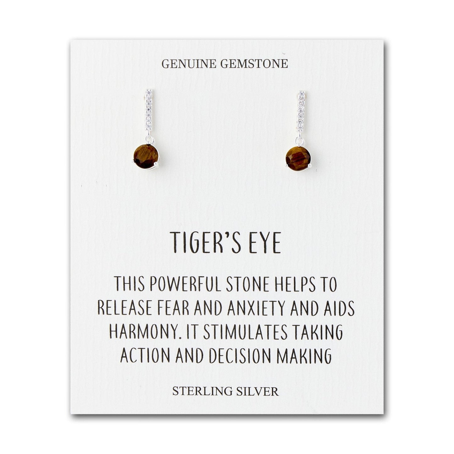 Sterling Silver Tigers Eye Gemstone Drop Earrings with Quote Card