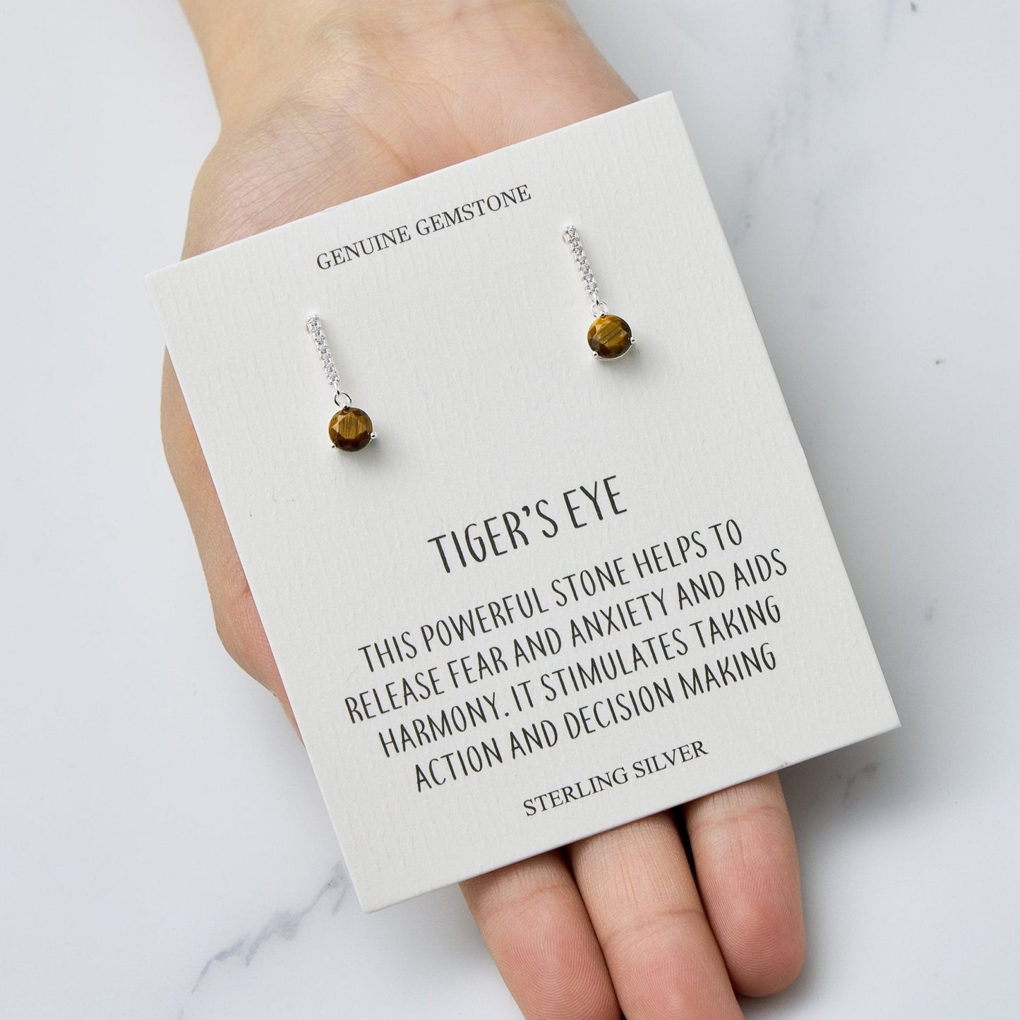 Sterling Silver Tigers Eye Gemstone Drop Earrings with Quote Card
