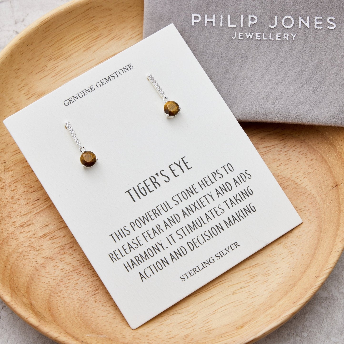 Sterling Silver Tigers Eye Gemstone Drop Earrings with Quote Card