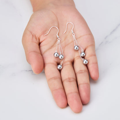 Sterling Silver Triple Grey Pearl Drop Earrings