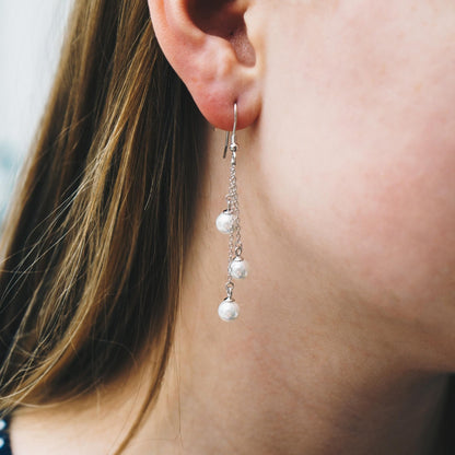 Sterling Silver Triple White Pearl Drop Earrings