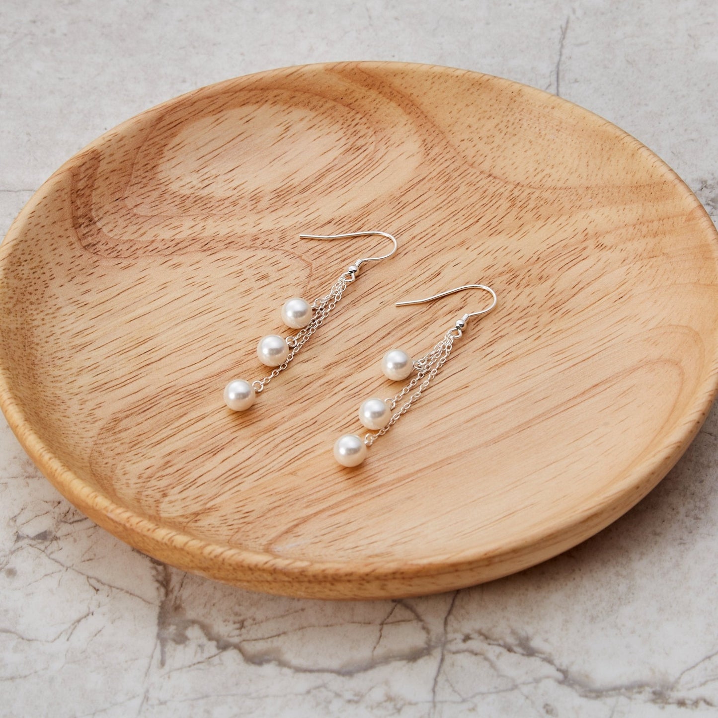 Sterling Silver Triple White Pearl Drop Earrings