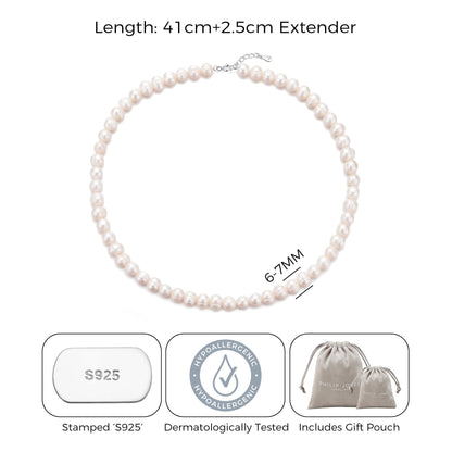 Sterling Silver White Freshwater Pearl Strand Choker Necklace