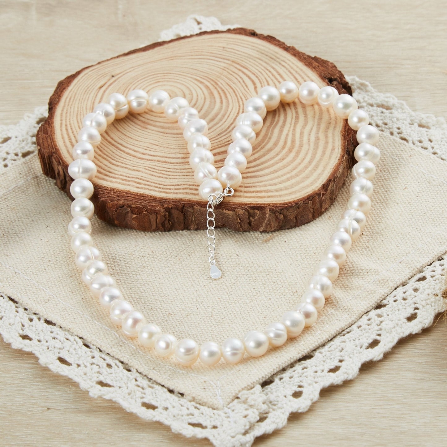 Sterling Silver White Freshwater Pearl Strand Choker Necklace