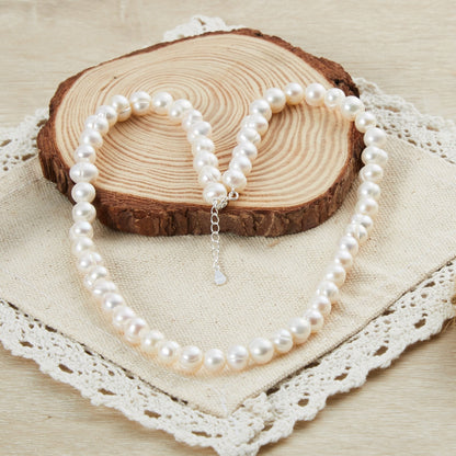 Sterling Silver White Freshwater Pearl Strand Choker Necklace