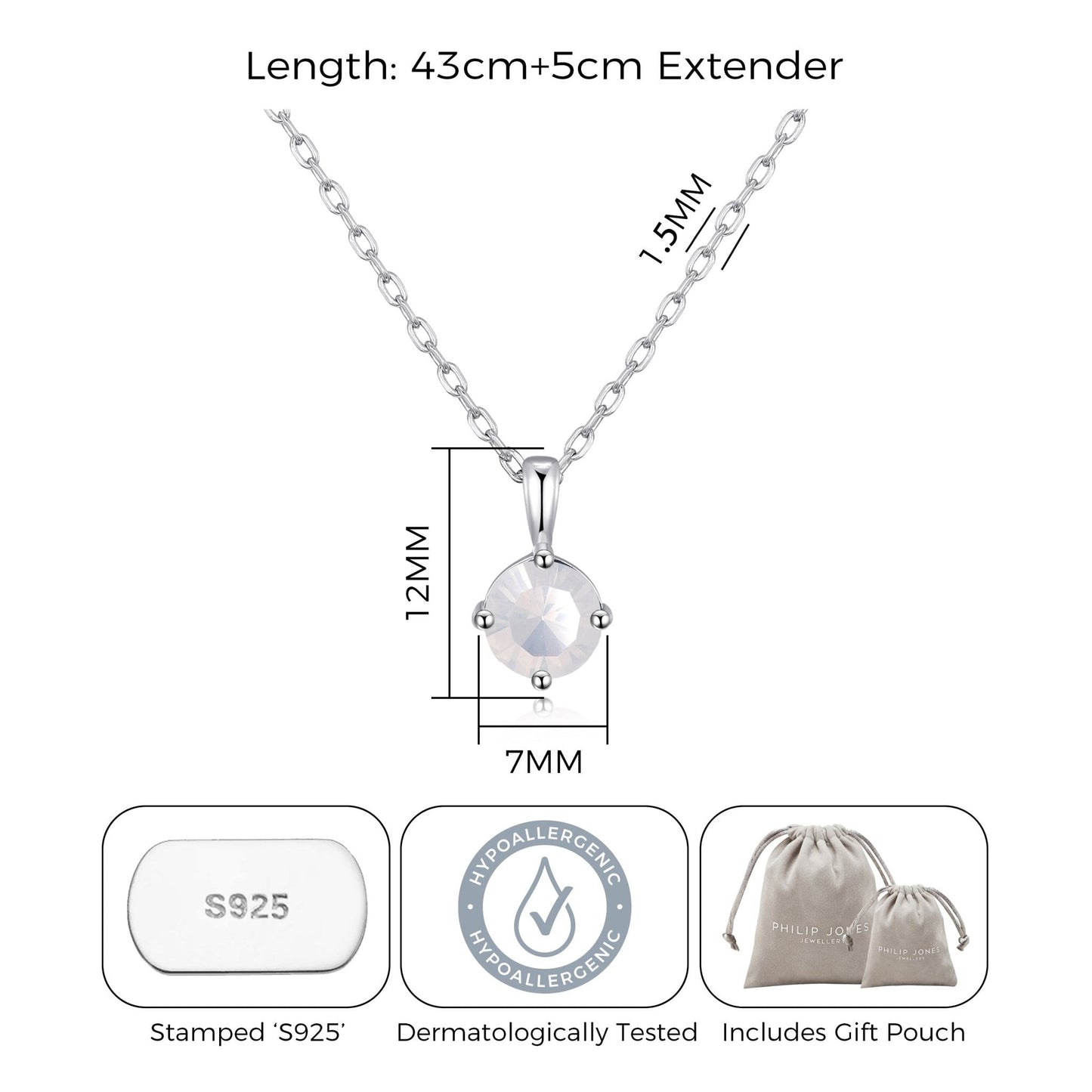 Collier en argent sterling et opale blanche créé avec des cristaux Zircondia®