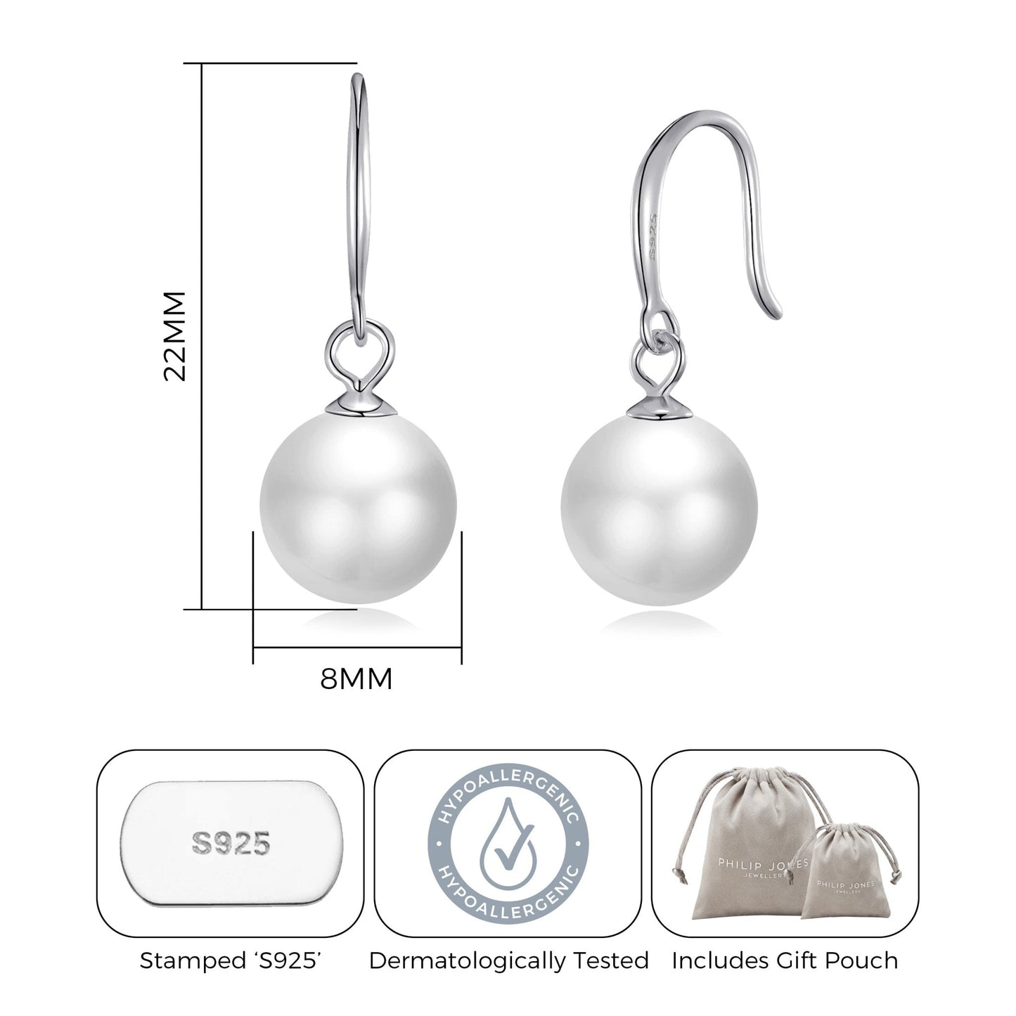 Sterling Silver White Pearl Drop Earrings