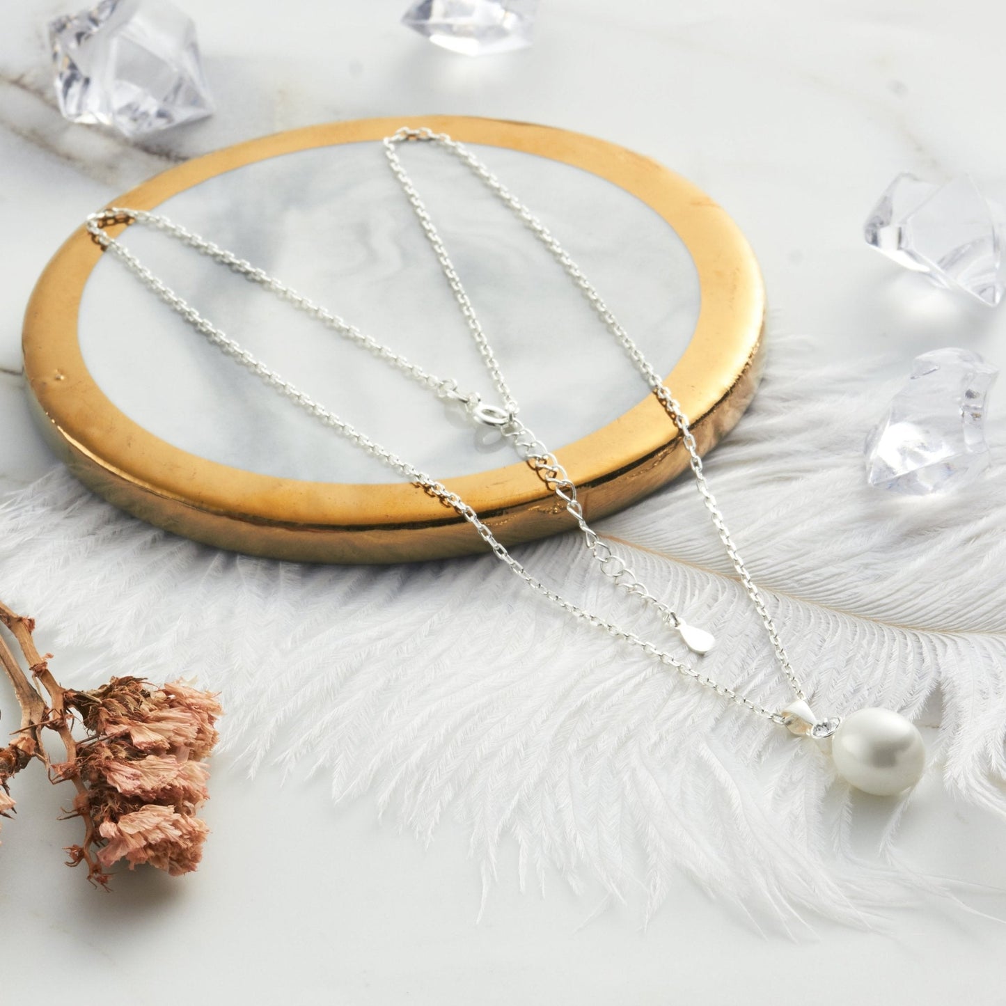 Sterling Silver White Pearl Drop Necklace Created with Zircondia® Crystals