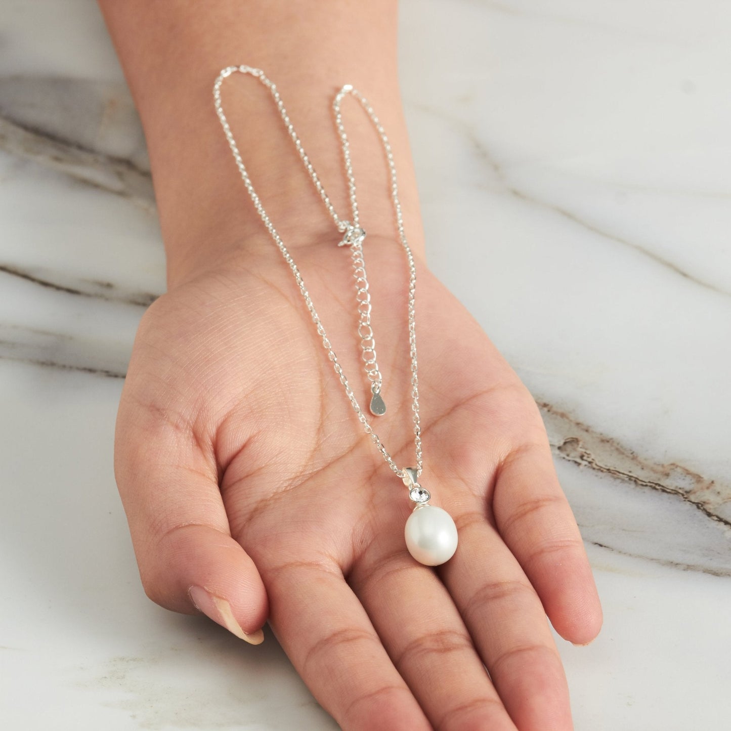 Sterling Silver White Pearl Drop Necklace Created with Zircondia® Crystals