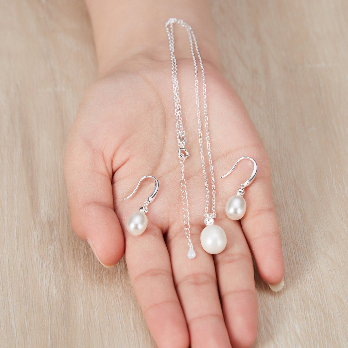 Sterling Silver White Pearl Drop Set Created with Zircondia® Crystals