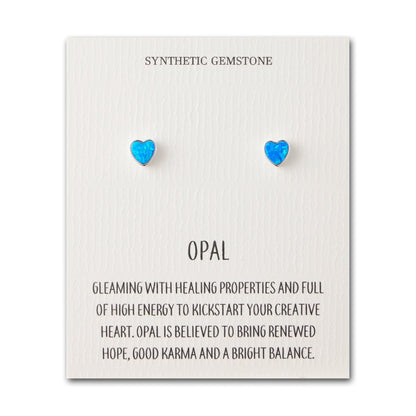 Synthetic Blue Opal Heart Stud Earrings with Quote Card