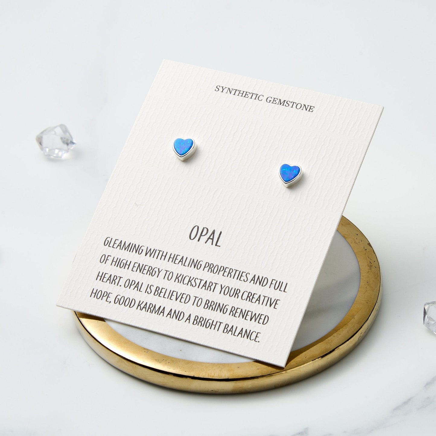 Synthetic Blue Opal Heart Stud Earrings with Quote Card