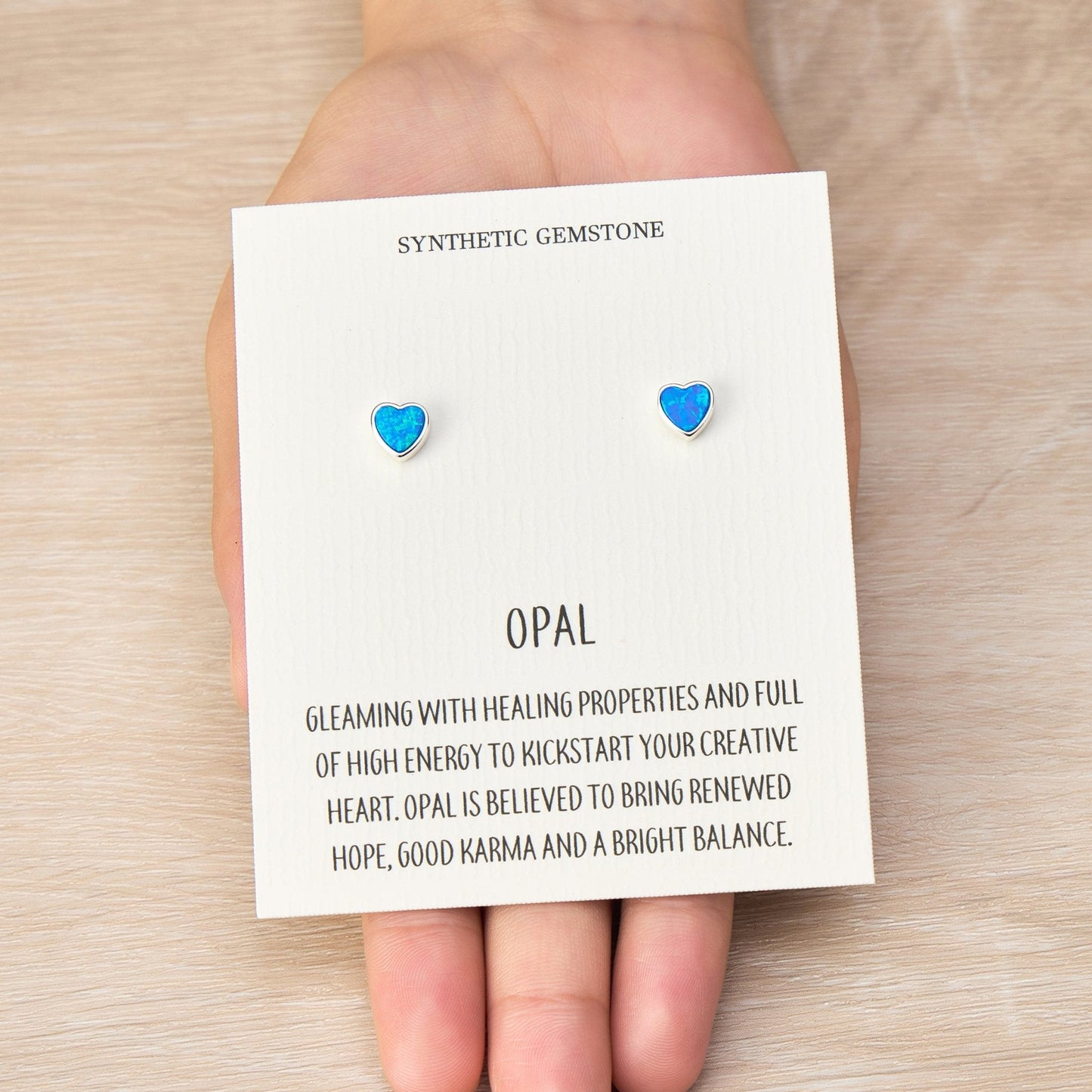 Synthetic Blue Opal Heart Stud Earrings with Quote Card