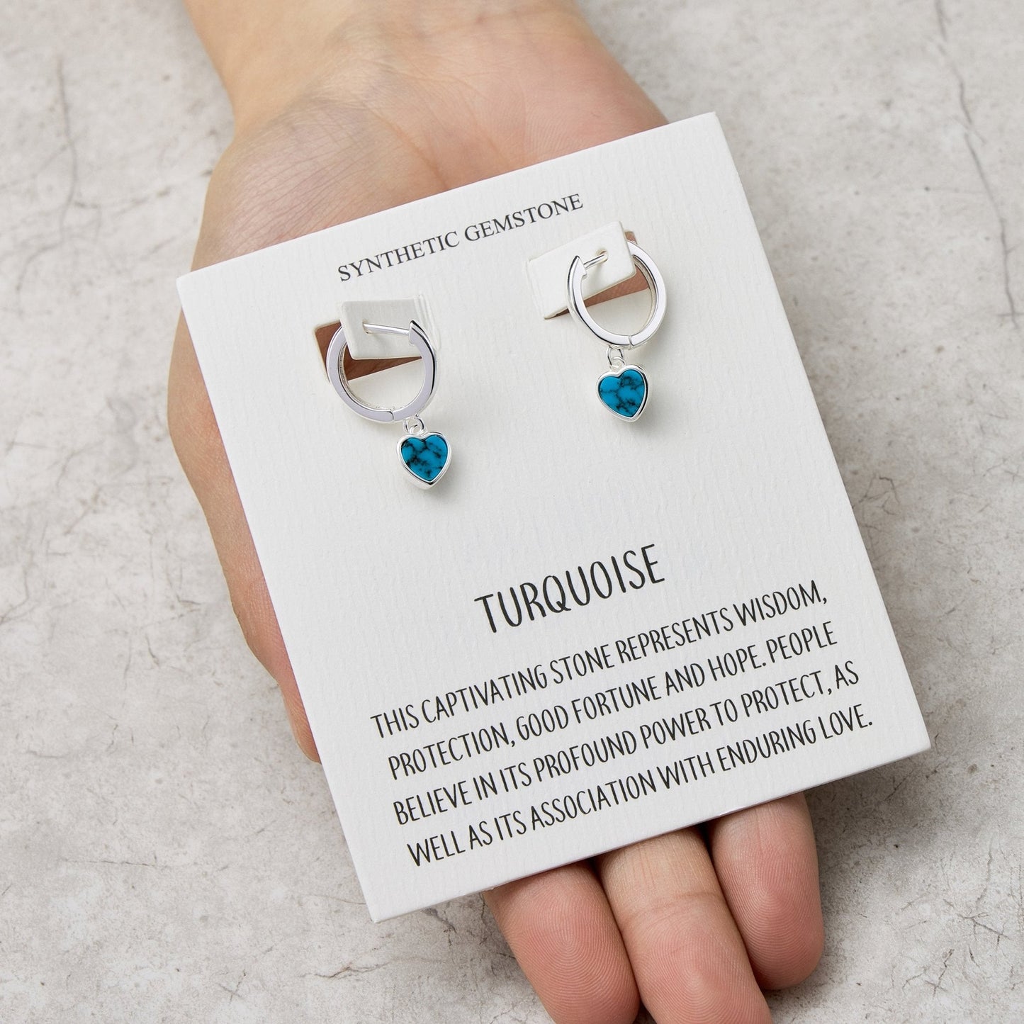 Synthetic Turquoise Gemstone Heart Charm Hoop Earrings with Quote Card