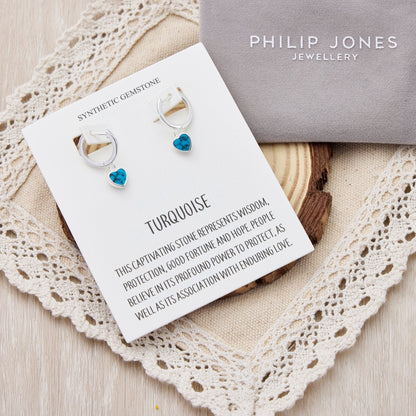 Synthetic Turquoise Gemstone Heart Charm Hoop Earrings with Quote Card