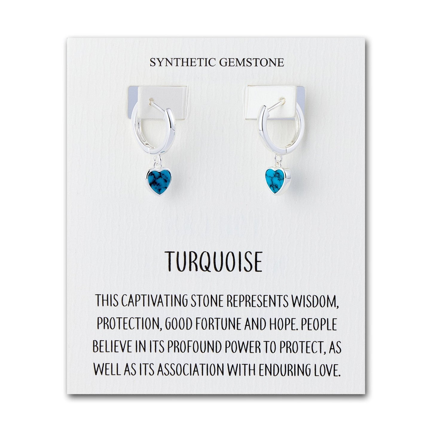 Synthetic Turquoise Gemstone Heart Charm Hoop Earrings with Quote Card