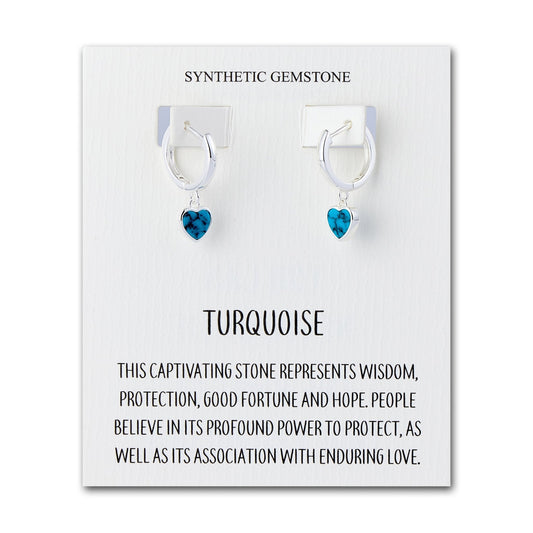 Synthetic Turquoise Gemstone Heart Charm Hoop Earrings with Quote Card