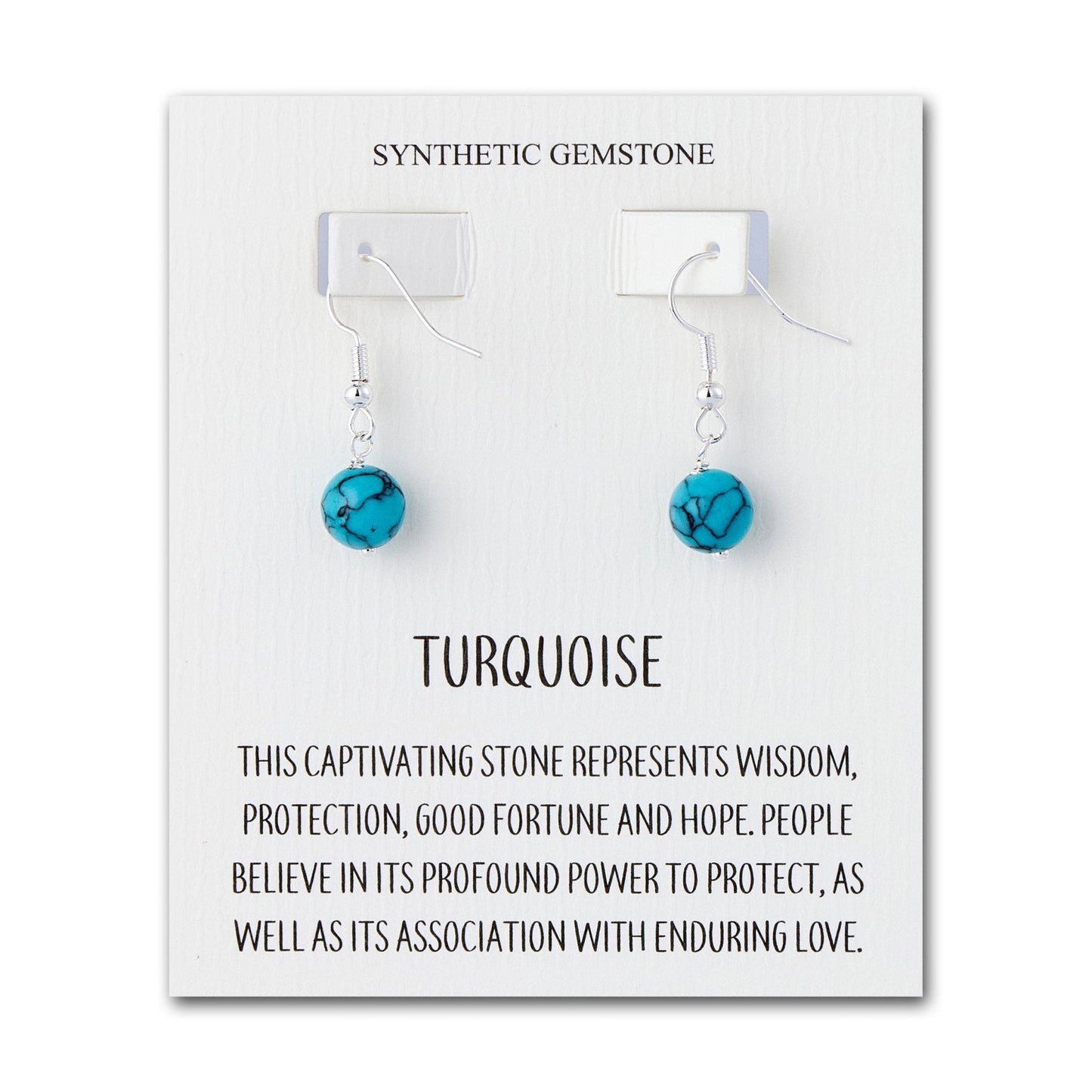 Synthetic Turquoise Gemstone Round Drop Earrings with Quote Card